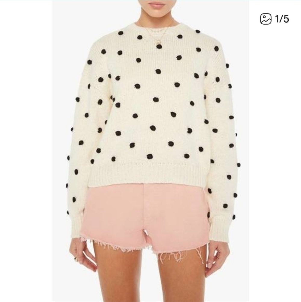 MOTHER, The Jumper Crewneck Popcorn Knit Sweater, Cream/Black, Size Small